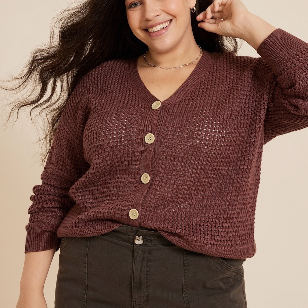 Maurices Mesh Button Front Cardigan Sweater Burgundy Open Knit Xlarge Women’s